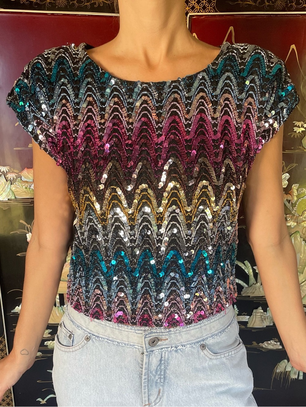 70s rainbow sequin and lurex top